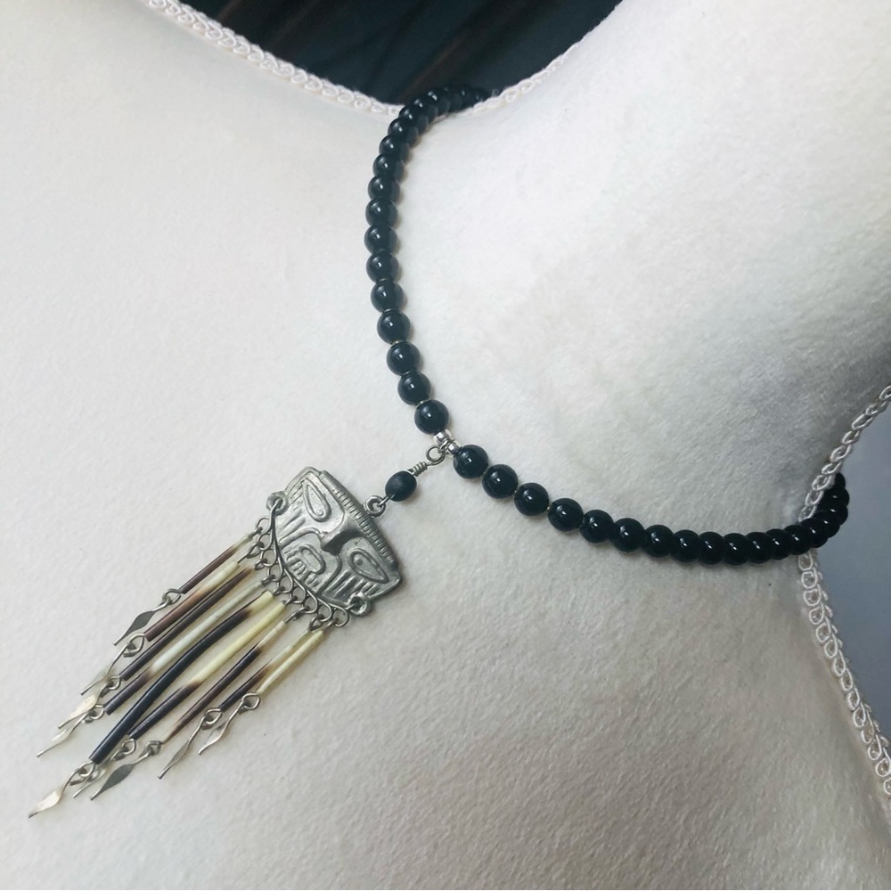 Handcrafted repurpose tribal look face fringe pendant Czech glass Pearl necklace